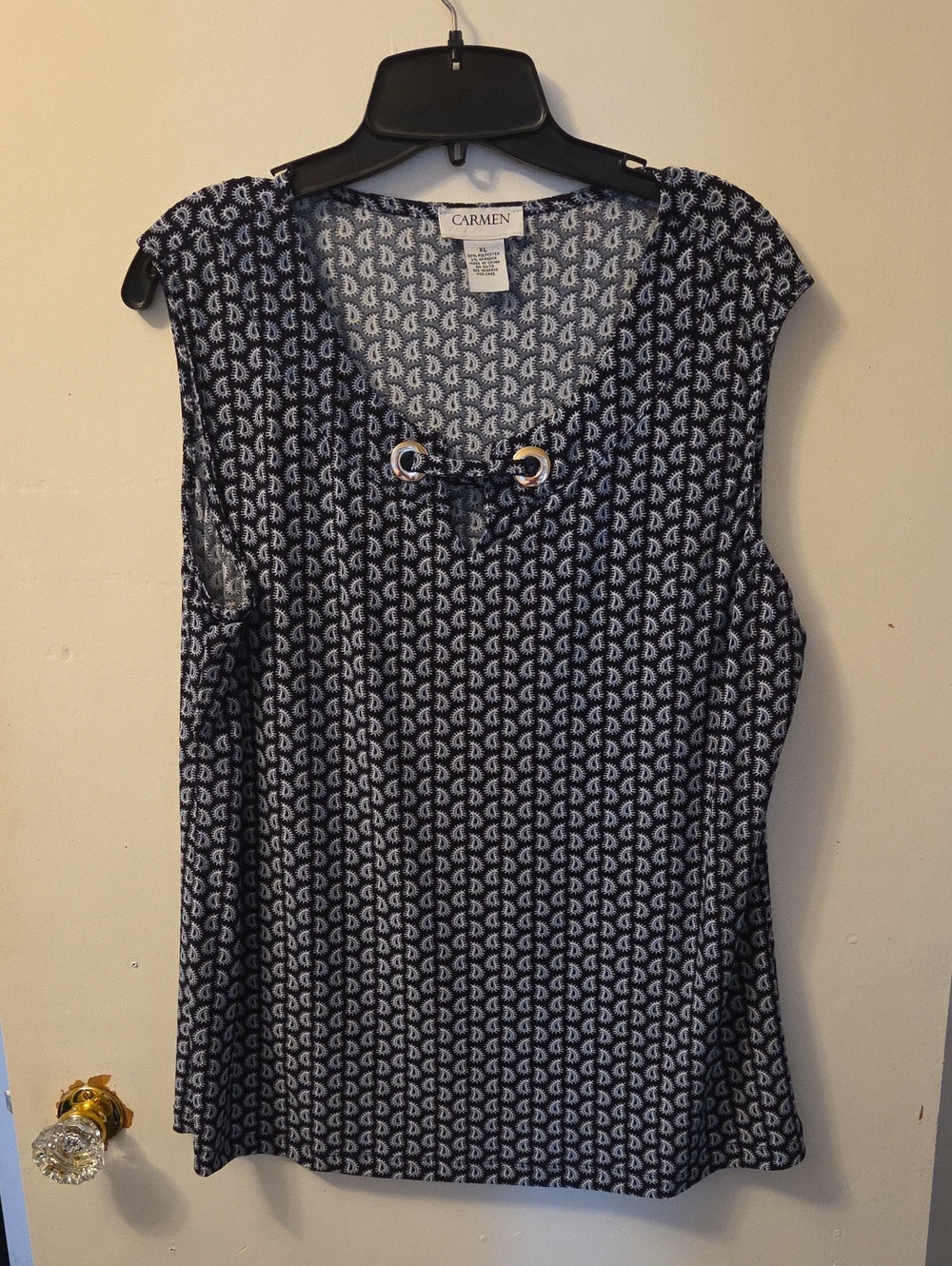 Navy & White Sleeveless Print Top